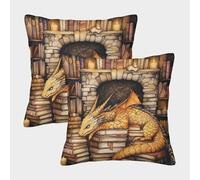 Dragon Cozy Scene-Fantasy Bookshelf Illustration Pillow Covers 2 Pack Cozy Pillowcase Available All Seasons Cushion Cover with Invisible Zipper Decorative Sofa for Living Room Bedroom 45x45cm