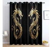 Dragon Curtains Bedroom, 66x72 - Japanese Black Gold Blackout Curtains & Decor, Living Room, Eyelet Patterned Window Drapes, 72 Inch Drop 2 Panels (SZC209)