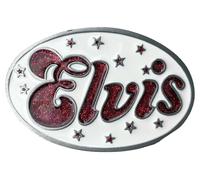 DRAGON DESIGNS TANSIDE LTD. Elvis Rock n Roll Oval with Stars Belt Buckle in Presentation Box (White & Red Glitter)
