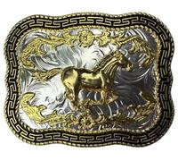 DRAGON DESIGNS TANSIDE LTD. Running Horse Gold & Silver Plated Western Belt Buckle.