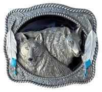 DRAGON DESIGNS TANSIDE LTD. Western Two Wolves with Feathers Belt Buckle in Presentation Box