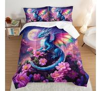 Dragon Double Duvet Coverless, Reversible Design, Pink Flowers Moonlit Night Comforter & 2 Pillow Cases for Bedroom Decor, 10.5 Tog Ultra Soft Microfibre, All Seasons sm508