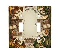Dragon Double Light Switch Cover Plate, Fantasy Fanciful Book Library None Green Plastic Standard Size Decorative Wall Plates for New Apartment Home Bedroom Office Decor