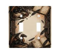 Dragon Double Light Switch Cover Plate, Fantasy Mystical Book Feather None Black Plastic Standard Size Wall Switch Plates Accents for Home Living Room New Apartment Decor