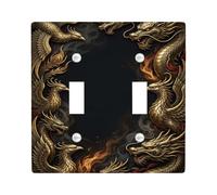 Dragon Double Light Switch Cover Plate, Fantasy Oriental Mysterious Bird Fire None Black Plastic Standard Size Wall Switch Plates Accents for Home Living Room New Apartment Decor