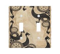 Dragon Double Light Switch Cover Plate, Nordic Vintage Shield Runes Winter Black Plastic Standard Size Switch Plate Decorative for Living Room Bedroom Home Office Decor