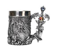 Dragon Drinking Tankard - Retro Beer Glass 600ml, Resin Silver Stainless Steel, Fantasy Creature Design | Medieval Hot Chocolate Coffee Tea Beer for Us