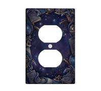 Dragon Duplex Outlet Covers Wall Plate, Fantasy Mystical Book Telescope Fantasy Dark Blue Plastic Standard Size Double Power Outlet Cover Plate for Bedroom Bathroom Kitchen Entrance Decor