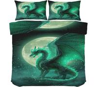 Dragon Duvet Cover Double, Moon Bedding, Soft Cosy 3 Piece 110gsm Microfibre Quilt Cover and 2xPillow Case 50x75 cm with Zipper Closure for Bedroom W424