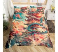 Dragon Duvet Cover Set Single Size,Chinese Style Palace Natural Landscape Bedding Set,Boys Girls Room Decor,Western Ancient Animal Retro Comforter Cover,Red Green,1 Pillowcase,No Comforter