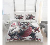 Dragon Duvet Cover Single Size, Oriental Fantasy Print Bedding Set, Soft Microfiber Japanese Style Comforter Cover with 1 Pillowcase, with Zipper Closure & Corner Ties N93m