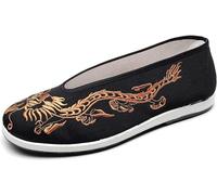 Dragon Embroidered Tai Chi Martial Art Kung Fu Shoes Unisex Traditional Chinese Old Beijing Cloth Shoes Slip Ons Nonslip Breathable Rubber Sole Shoes (Color : Gold, Size : 4.5 UK)