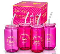 Dragon Glassware Barbie Tumblers - Pink and Magenta - 16 oz Can Shaped Glass Cups with Lids and Straws, Pack of 4, Iced Coffee Cups with Lids, Glass Cups with Straw and Lid