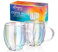 Dragon Glassware Double Walled Glass Coffee Mugs - 16 oz, Set of 2 Glass Coffee Cups to Keep Beverages Hot or Cold Longer - Iridescent Double Walled Crystal Mugs