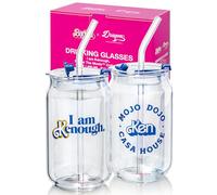 Dragon Glassware x Barbie 16 oz Glass Cups, Set of 2 - I'm Just Ken | Iced Coffee Cups; Drinking Glass Tumbler with Straw & Lid for Hot & Cold Drinks