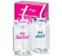 Dragon Glassware x Barbie The Movie - 16 oz Glass Cups with Lids and Straws Set of 2 - Iced Coffee Cups with Lids - Versatile Glass Tumbler with Straw and Lid for Hot, Cold Drinks - Hi Barbie! Hi Ken!
