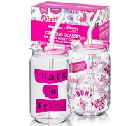 Dragon Glassware x Mean Girls - 16 oz Glass Cups with Lids and Straws, Set of 2 - Iced Coffee Cups with Lids - Versatile Glass Tumbler with Straw and Lid - That's So Fetch & Movie Quotes