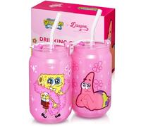 Dragon Glassware x SpongeBob SquarePants 16 oz Drinking Glasses Set of 2 - Glass Cups with Lids and Straws - Iced Coffee Cups with Lids - Reusable Glass Tumbler with Straw and Lid - SpongeBob - Pink