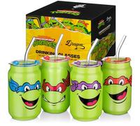 Dragon Glassware x Teenage Mutant Ninja Turtles 16 oz Drinking Glasses Set of 4 - Glass Cups with Lids and Straws - Iced Coffee Cups with Lids - Reusable Glass Tumbler with Straw and Lid - TMNT
