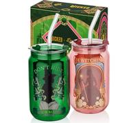 Dragon Glassware x Wicked 16 oz Drinking Glasses Set of 2 - Glass Cups with Lids and Straws - Iced Coffee Cups with Lids - Reusable Glass Tumbler with Straw and Lid - Enchanted