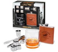 Dragon Glassware x Yellowstone Barware Gift Set of 4 - Includes a Yellowstone Shot Glass, Leather Flask, Chilling Stones & Drinking Glass