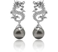 Dragon Hanging Bead Earrings, Have One's Wishes Come True Earrings,Pearls Drop Dangle Dragon Shape Earrings, Chinese New Year Good Luck Dragon Earrings for Women (Silver)