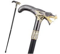 Dragon Head Walking Cane, Black and Gold, Decorative Handle, Gothic Fantasy Style