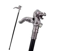 Dragon Head Walking Cane, Silver Finish, Black Shaft, Decorative Handle with Red Eyes