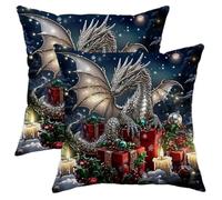 Dragon Holiday Throw Pillow Covers, Silver Dragon Christmas Cushion Case, Winter Festive Decor Soft Velvet Pillow Covers for Home Sofa Bedroom Living Room 16x16 Inch