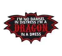 Dragon Iron-on Patch I'm no Damsel in Distress I'm a Dragon in a Dress Love Patches for All Fabrics | Quote Sticker to Iron on for Clothing | Fabric Applique | 100x60 mm