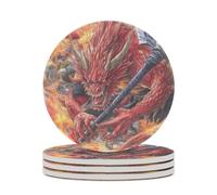 Dragon Jujutsu Warriors Round Ceramic Coasters Non-Slip Cork Base Drinks Holder Craft 4PCS