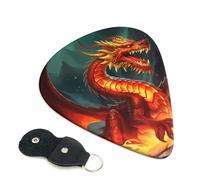 Dragon King in Fire Guitar Picks 6 Pack with Leather Guitar Pick Holder Keychain, Plectrum Key Fob Cases Bag, Abstract Art Plectrum for Acoustic Electric Guitar, Ukulele 0.71mm