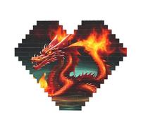 Dragon King in Fire Print Building Brick Block Puzzle - Heart Shaped Picture Puzzles, Wooden Picture Jigsaw Puzzles