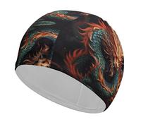 Dragon King in Fire Swim Cap for Women Men Waterproof Bathing Caps Keep Hair Dry Elasticity Adult Swimming Caps Comfortable Long Hair Swim Hat Non-Slip Fabric Swimming Cap