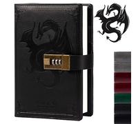 Dragon Leather Journal, Hardcover Notebook, Locked Refillable Diary, Lined/Blank Paper Writing Journals with Combination Lock for Men Women Child (Black)