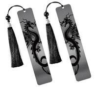 Dragon Metal Bookmarks: 2 Pcs Elegant Stainless Steel Book Mark Set, Etched Dragon Motif with Black Tassel Accents, Ideal Gift for Culture Enthusiasts, Book Lovers, and Business Gifts