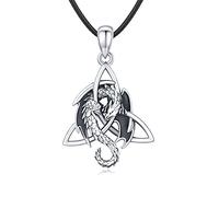 Dragon Necklace for Men 925 Sterling Silver Dragon Celtic Necklace Dragon Pendant Necklace Jewellery Fathers Day Gift for Men's(Black rope 18 inches + 2 inches) (A)