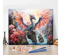 Dragon Paint by Numbers Kit for Adults, Winged Dragon Oil Painting Kit, DIY Abstract Canvas Acrylic Pigment Pink Landscape Painting Arts Craft for Home Wall Decor Gift 16x20 Inch Without Frame