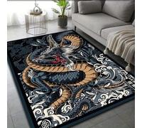 Dragon Pattern Ukiyo-E Rug 120x180cm Navy Blue Traditional Oriental Dragon, Wave, and Cloud Pattern Rugs, Suitable For Living Room, Playroom, and Boy's Bedroom Decoration, Non-Slip and Washable