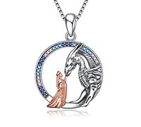 Dragon Pendant Necklace Gifts for Girl Sterling Silver Queen Princess Stroking Dragon Warrior Pendant Necklace Jewellery for Women Teen Girls (Silver dragon and girl necklace)