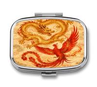 Dragon Phoenix pilldispenser with Mirror 2 Compartments Waterproof PillCase for Purse Pocket Non-Slip Grip Travel Medicine Organizer Container Box for Vitamin Fish Oil Supplement