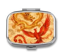 Dragon Phoenix pilldispenser with Mirror 2 Compartments Waterproof PillCase for Purse Pocket Non-Slip Grip Travel Medicine Organizer Container Box for Vitamin Fish Oil Supplement