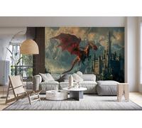 Dragon Photo Wallpaper for Bedroom Castle Middle Ages Fantasy 3D Small Wall Mural, Removable Peel and Stick Self-Adhesive Wall Decal for Boys Girls Living Room Office Decor 99"x 69" 13U-36