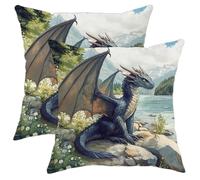 Dragon Pillow Covers Set of 2, Blue Fantasy Creature Throw Pillows Case, Decor for Home Sofa Bed Couch, Nature Inspired Decorative Cushion Covers 16x16 Inch