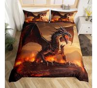 Dragon Print Bedding Set Super King Teen Boys Comforter Cover, 3D Printed Bed Set Jungle Fire Duvet Cover, Magical Pterosaur Quilt Cover Dragon Gifts for Kids Children Toddler, Black Brown 3Pcs