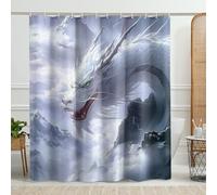 Dragon Shower Curtain, White and Grey Mythical Dragon Design for Bathroom Decor, Fantasy Style Art for Spring Summer Modern Home, Waterproof Fabric Shower Curtain Set with Hooks 62x72 Inch