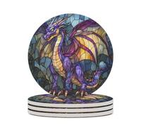 Dragon Stained Glass Round Ceramic Coasters Non-Slip Cork Base Drinks Holder Craft 4PCS