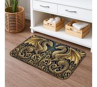 Dragon Themed Quick Dry Bath Mat, Vintage Gold Decorative Non Slip Shower Mat, Medieval Fantasy Flannel Washable Bath Rugs for Bathroom Toilet Restroom 16x24 Inch