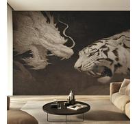 Dragon Tiger Photo Wallpaper for Bedroom, Asian Oriental Japanese Wall Mural for Living Room, Dark Gray Wallpaper 200x140 Nonwoven Wall Paper Home Decor W48