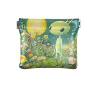 Dragon Treasure Cave Small Leather Coin Purse Waterproof Card Key Organizers for Women Girls, Aliens Flower Field, One Size, Modern